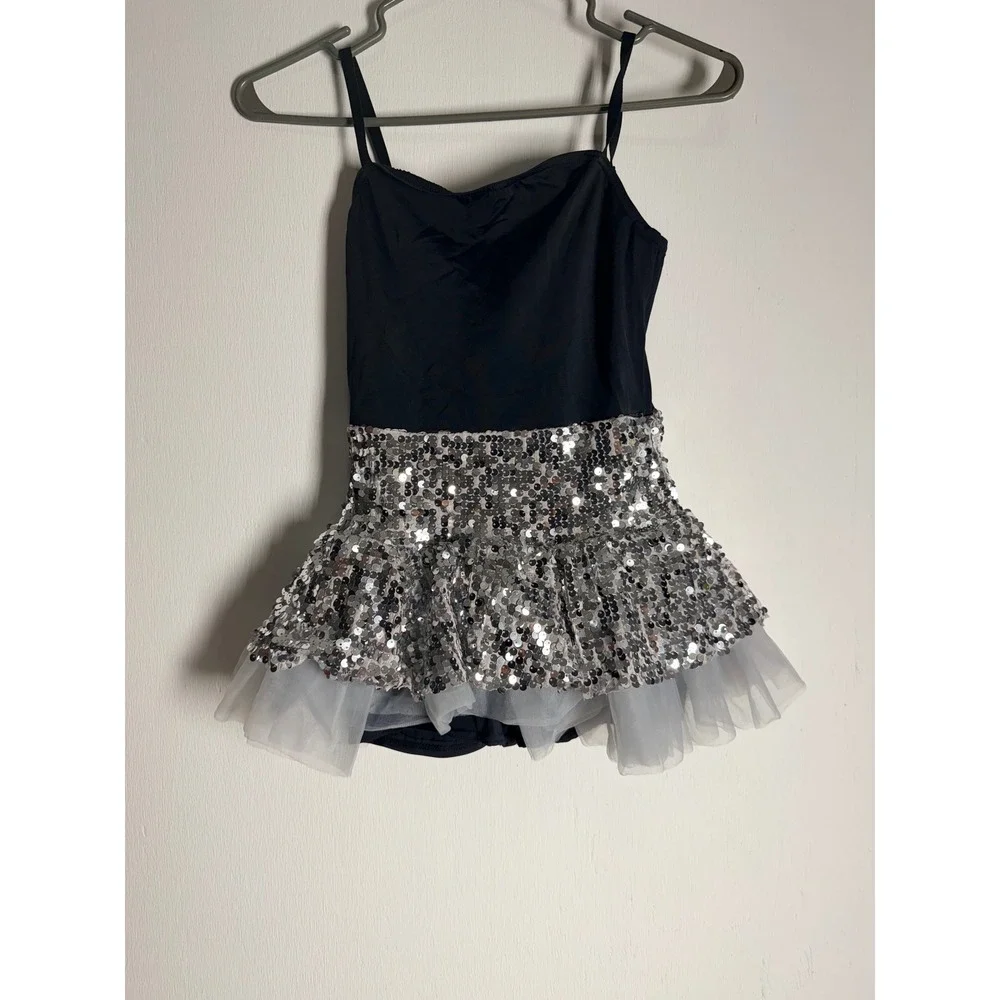 Weissman Kids Black Silver Sequin Tulle Dance Leotard Costume Size MC Recital